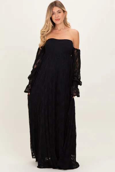 PinkBlush Black Lace Smocked Long Sleeve Off Shoulder Maternity Maxi Dress