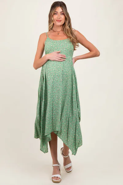 PinkBlush Light Olive Floral Handkerchief Hem Maternity Midi Dress
