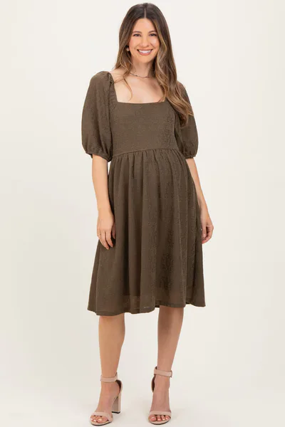 PinkBlush Olive Lace Jacquard Puff Sleeve Maternity Dress