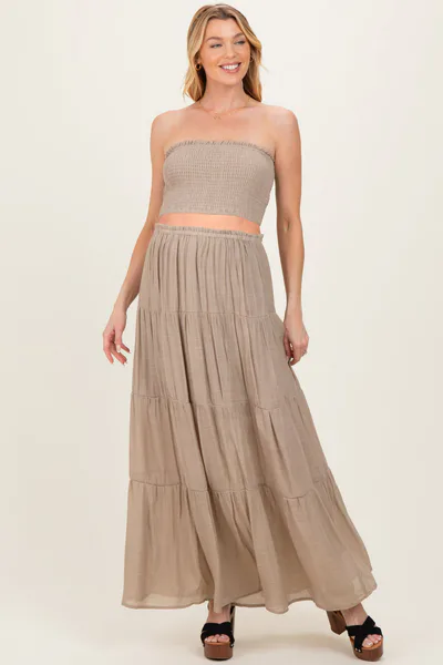 PinkBlush Beige Smocked Tube Top Tiered Skirt Maternity Set