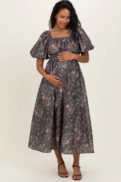 PinkBlush Brown Floral Puff Sleeve Maternity Midi Dress