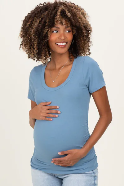 PinkBlush Dusty Blue Ribbed Ruched Short Sleeve Maternity Top