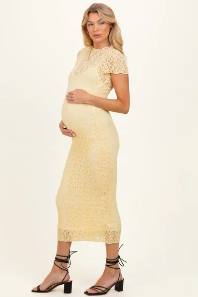 PinkBlush Yellow Sheer Lace Overlay Short Sleeve Maternity Midi Dress