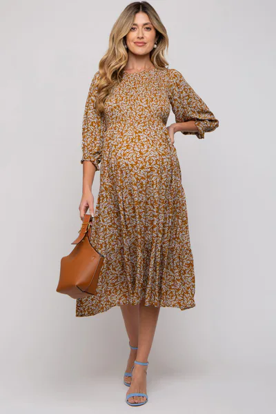 PinkBlush Camel Floral Smocked 3/4 Sleeve Maternity Midi Dress