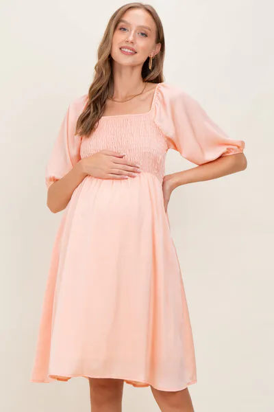 PinkBlush Peach Satin Smocked Maternity Midi Dress
