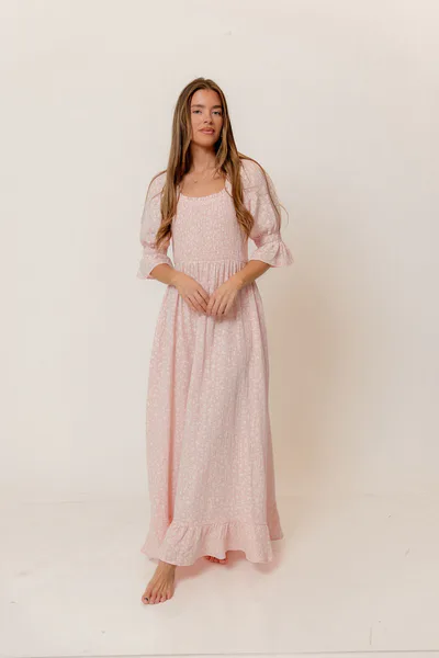 Worth Collective Sienna 100% Cotton Puff Sleeve Maxi Dress in Pale Pink Foliage - Bump Friendly