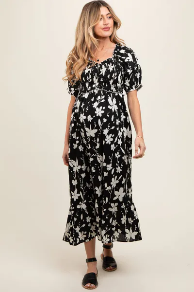 PinkBlush Black Floral Puff Sleeve Maternity Midi Dress