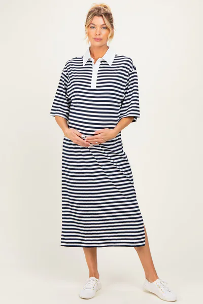 PinkBlush Navy Striped Oversized Maternity Polo Dress