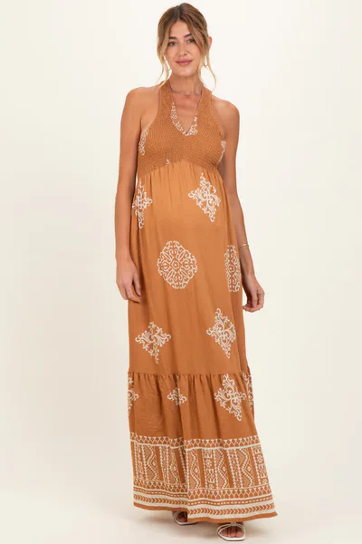 PinkBlush Sandalwood Printed Smocked Halter Maternity Maxi Dress