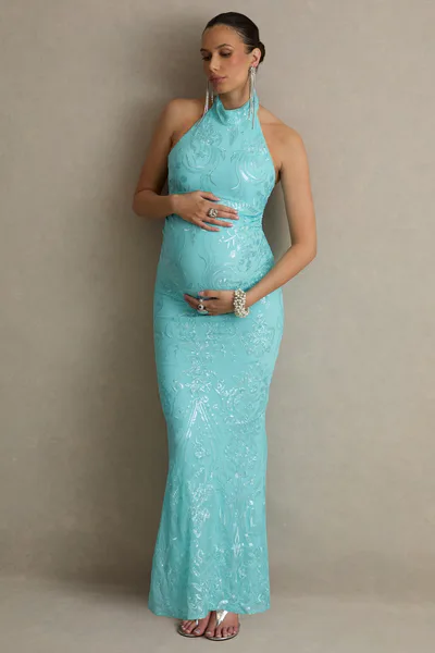 Club L London Samina | Turquoise Lace Halter-Neck Maternity Maxi Dress