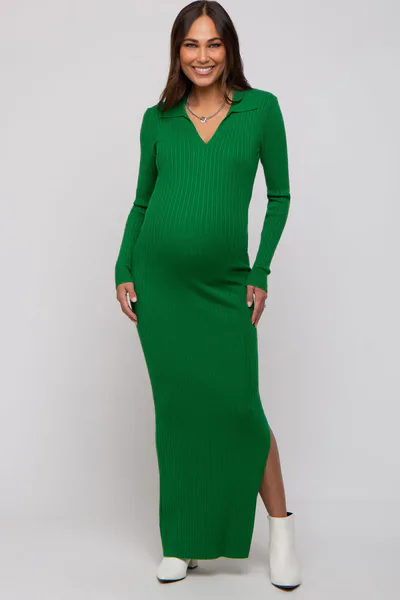 PinkBlush Green Rib Knit Collared Maternity Maxi Dress
