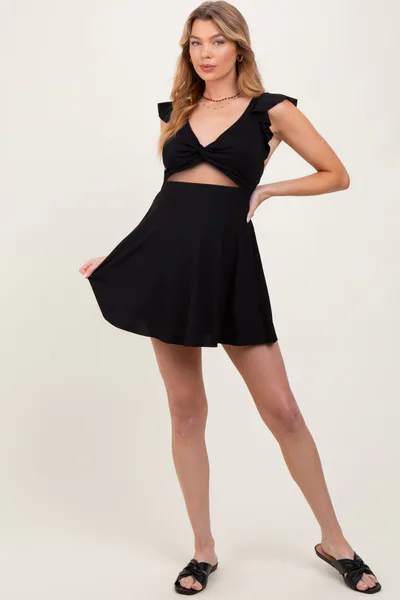 PinkBlush Black Ribbed Ruffle Twist Front Maternity Swim Dress