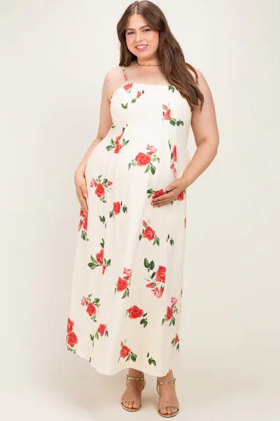 PinkBlush Cream Floral Thin Strap Maternity Plus Midi Dress