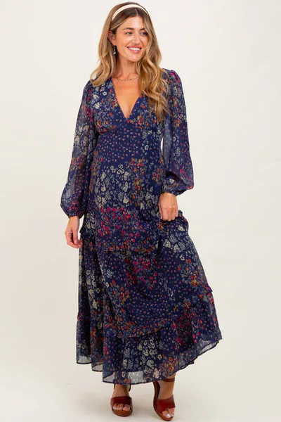 PinkBlush Navy Floral Chiffon V-Neck Long Sleeve Maternity Maxi Dress