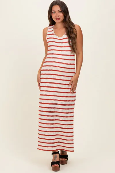 PinkBlush Cream Striped Crochet Knit Sleeveless Maternity Maxi Dress