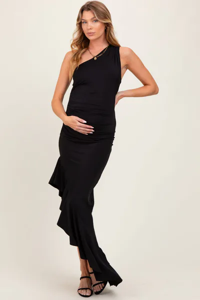 PinkBlush Royal Blue One Shoulder Asymmetrical Ruffle Maternity Dress