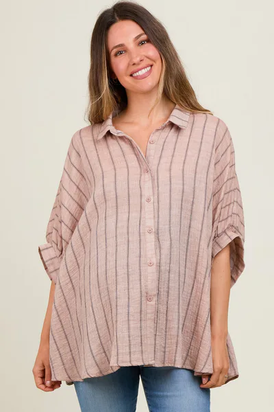 PinkBlush Mocha Striped Collared Oversized Maternity Top
