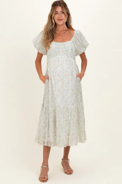 PinkBlush Daisy Floral Puff Sleeve Maternity Midi Dress