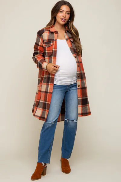PinkBlush Rust Plaid Fleece Maternity Long Shirt Jacket