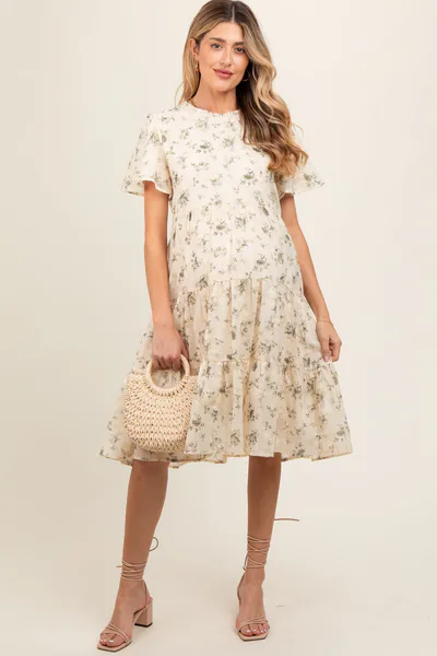 PinkBlush Cream Floral Print Eyelet Lace Maternity Dress