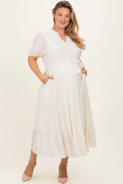 PinkBlush Cream Split Neckline Tiered Maternity Plus Midi Dress