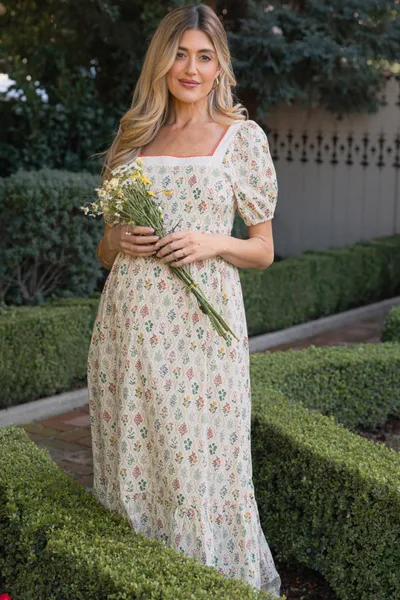 PinkBlush Creme Floral Cotton Puff Sleeve Maternity Maxi Dress