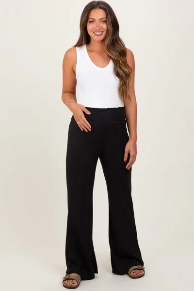 PinkBlush Black Ribbed Smocked Waistband Wide Leg Maternity Pants