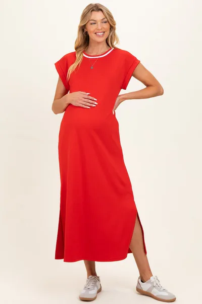 PinkBlush Tomato Red Side Slit Maternity Midi Dress