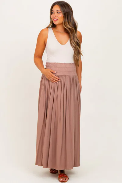 PinkBlush Mocha Smocked Waistband Pleated Maternity Maxi Skirt