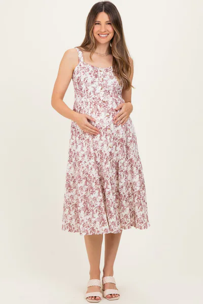 PinkBlush Burgundy Floral Button Down Tiered Maternity Dress