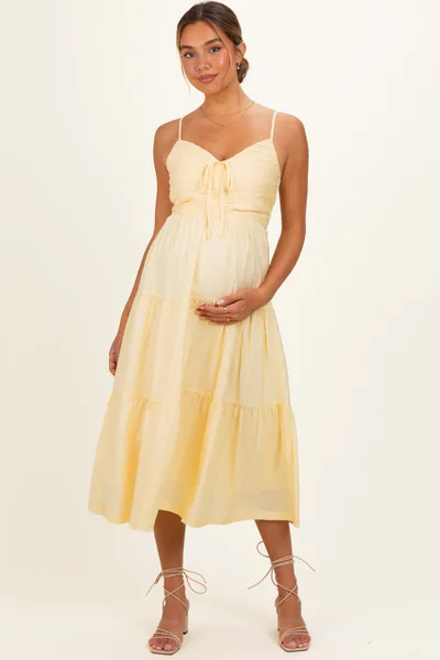 PinkBlush Butter Yellow Pleated Front Tie Sleeveless Maternity Midi Dress