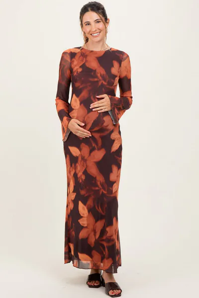 PinkBlush Burgundy Flora Mesh Overlay Maternity Maxi Dress