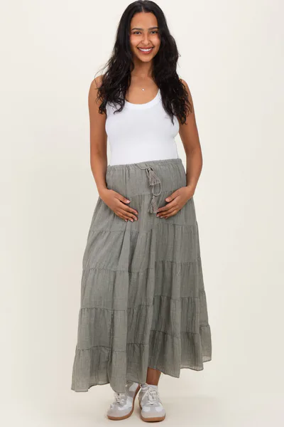 PinkBlush Light Olive Tiered Drawstring Maternity Maxi Skirt