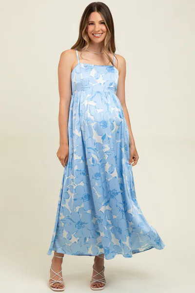 PinkBlush Light Blue Floral Sleeveless Maternity Maxi Dress