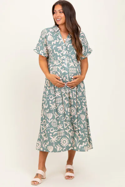 PinkBlush Mint Green Abstract Floral Shirt Maternity Midi Dress