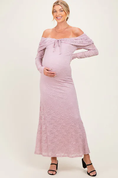 PinkBlush Light Pink Lace Off Shoulder Long Sleeve Maternity Maxi Dress