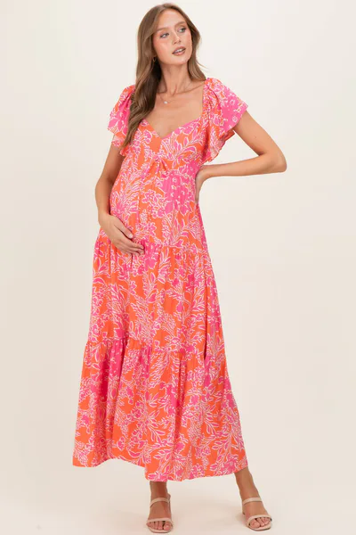 PinkBlush Fuchsia Floral Waist Tie Open Back Maternity Maxi