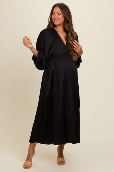 PinkBlush Black Satin Pleated V-Neck Maternity Maxi Dress