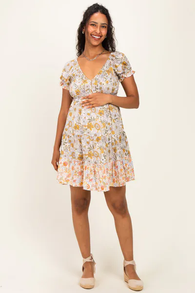 PinkBlush Lemon Mixed Floral V-Neck Smocked Maternity Mini Dress