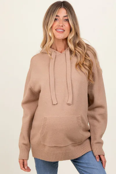 PinkBlush Beige Knit Front Pocket Hooded Maternity Sweater