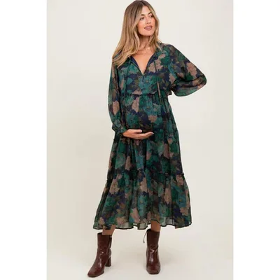 Target Pinkblush Navy Floral Chiffon Ruffle Tiered Maternity Midi Dress Medium