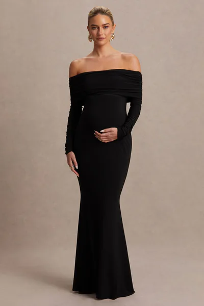 Club L London Pretty Perfect | Black Maternity Bardot-Neck Maxi Dress