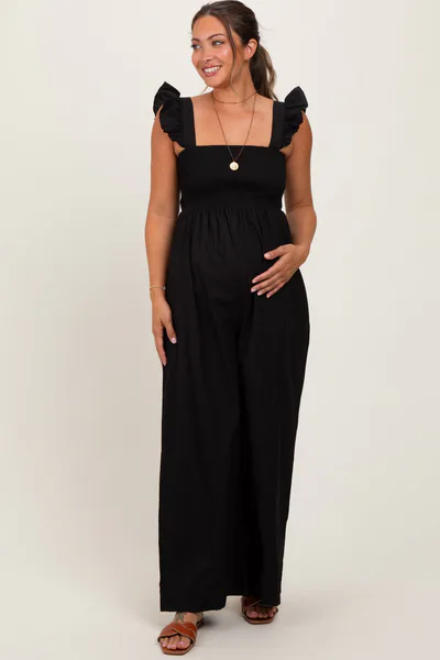 PinkBlush Black Ruffle Strap Smocked Wide Leg Maternity Jumpsuit