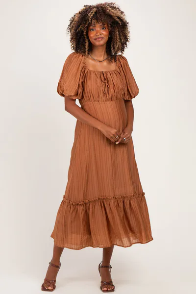 PinkBlush Mocha Textured Woven Square Neck Maternity Midi Dress