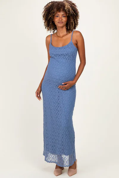 PinkBlush Blue Sleeveless Lace Square Neck Maternity Maxi Dress