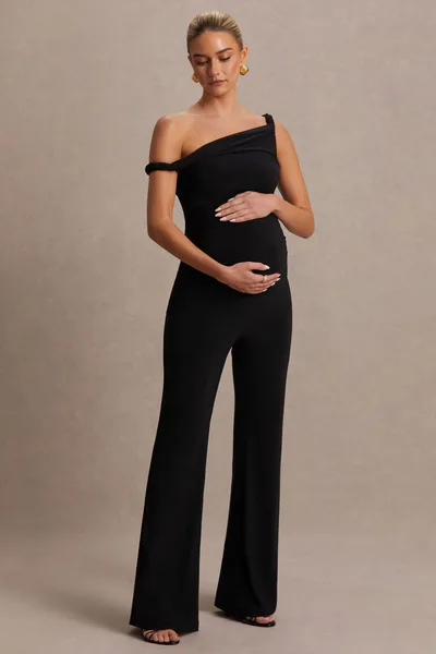 Club L London Kira | Black Asymmetric-Neck Maternity Jumpsuit