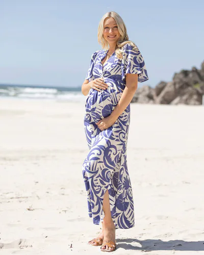 Angel Maternity Lina Palm Leaf Maternity Dress In Ocean Blue