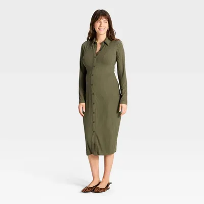 Target Long Sleeve Ribbed Midi Maternity A-Line Dress - Isabel Maternity by Ingrid & Isabel™ Olive Green XS