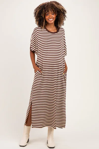 PinkBlush Brown Striped Short Sleeve Maternity Midi Dress