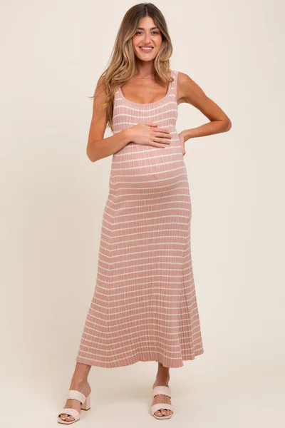 PinkBlush Blush/Cream Lightweight Rib Fit And Flare Maternity Midi Dress